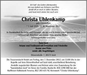 Traueranzeige von Christa Uhlenkamp von Ostfriesischer Kurier