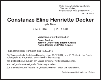 Traueranzeige von Constanze Eline Henriette Decker von Ostfriesischer Kurier