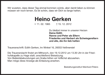 Traueranzeige von Heino Gerken von Ostfriesischer Kurier