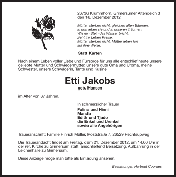 Traueranzeige von Etti Jakobs von Ostfriesischer Kurier