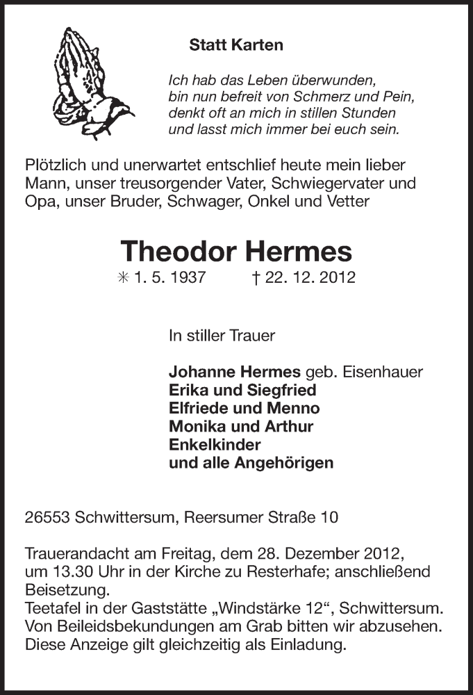  Traueranzeige für Theodor Hermes vom 24.12.2012 aus Ostfriesischer Kurier