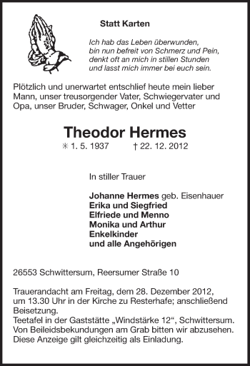 Traueranzeige von Theodor Hermes von Ostfriesischer Kurier