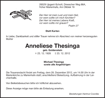 Traueranzeige von Anneliese Thesinga von Ostfriesischer Kurier