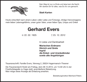 Traueranzeige von Gerhard Evers von Ostfriesischer Kurier