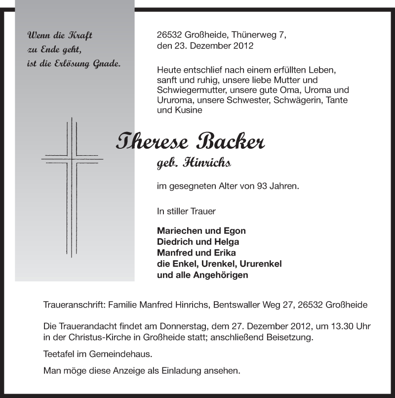  Traueranzeige für Therese Backer vom 27.12.2012 aus Ostfriesischer Kurier