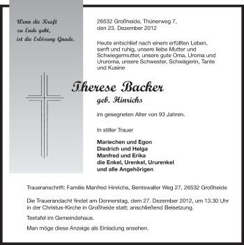 Traueranzeige von Therese Backer von Ostfriesischer Kurier