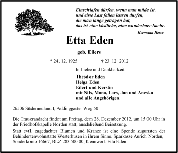 Traueranzeige von Etta Eden von Ostfriesischer Kurier