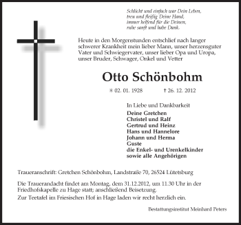 Traueranzeige von Otto Schönbohm von Ostfriesischer Kurier