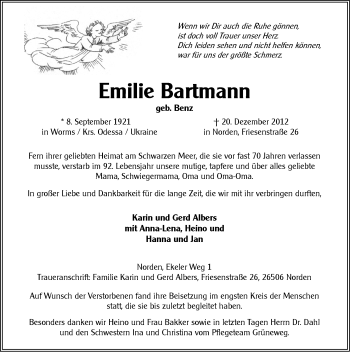 Traueranzeige von Emilie Bartmann von Ostfriesischer Kurier