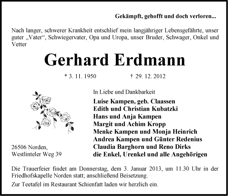  Traueranzeige für Gerhard Erdmann vom 31.12.2012 aus Ostfriesischer Kurier