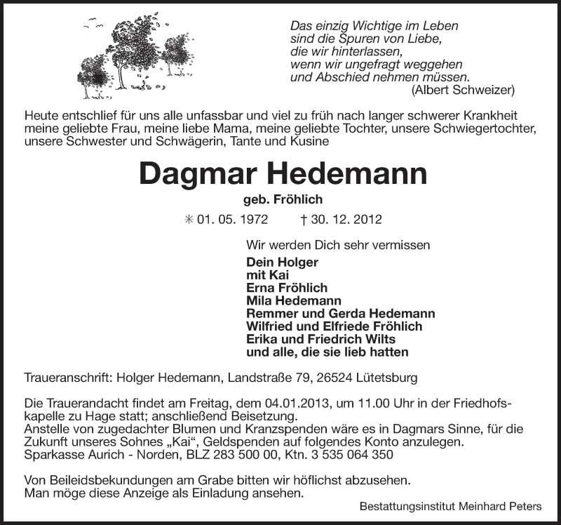  Traueranzeige für Dagmar Hedemann vom 02.01.2013 aus Ostfriesischer Kurier