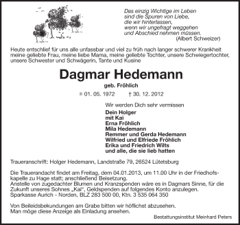 Traueranzeige von Dagmar Hedemann von Ostfriesischer Kurier