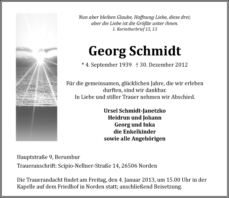  Traueranzeige für Georg Schmidt vom 02.01.2013 aus Ostfriesischer Kurier