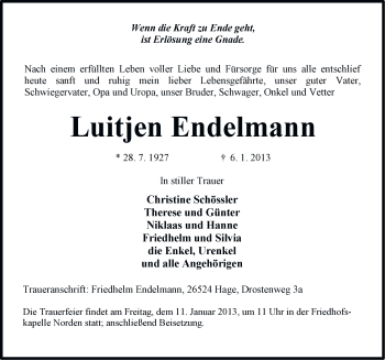 Traueranzeige von Luitjen Endelmann von Ostfriesischer Kurier