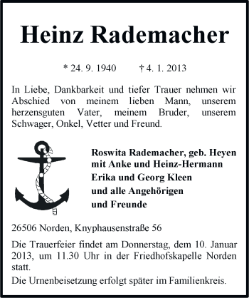 Traueranzeige von Heinz Rademacher von Ostfriesischer Kurier