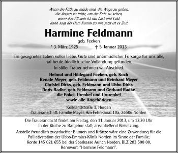 Traueranzeige von Harmine Feldmann von Ostfriesischer Kurier