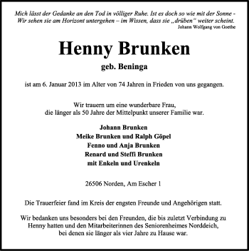 Traueranzeige von Henny Brunken von Ostfriesischer Kurier
