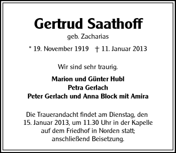 Traueranzeige von Gertrud Saathoff von Ostfriesischer Kurier