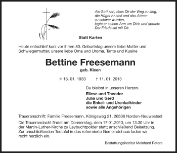 Traueranzeige von Bettine Freesemann von Ostfriesischer Kurier