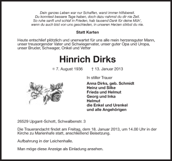 Traueranzeige von Hinrich Dirks von Ostfriesischer Kurier