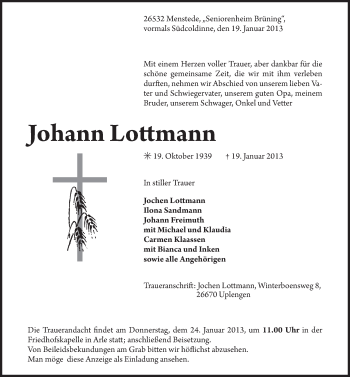 Traueranzeige von Johann Lottmann von Ostfriesischer Kurier