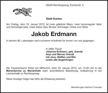 Traueranzeige von Jakob Erdmann von Ostfriesischer Kurier