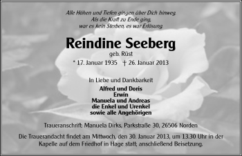 Traueranzeige von Reindine Seeberg von Ostfriesischer Kurier