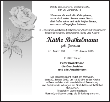 Traueranzeige von KÃ¤the BrÃ¶kelmann von Ostfriesischer Kurier