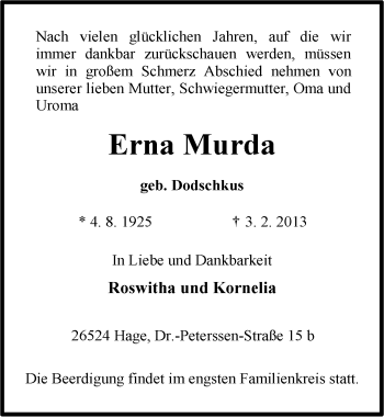 Traueranzeige von Erna Murda von Ostfriesischer Kurier
