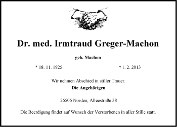 Traueranzeige von Irmtraud Greger-Machon von Ostfriesischer Kurier