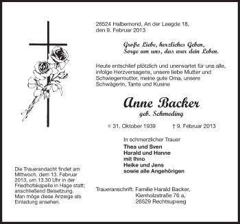 Traueranzeige von Anne Backer von Ostfriesischer Kurier