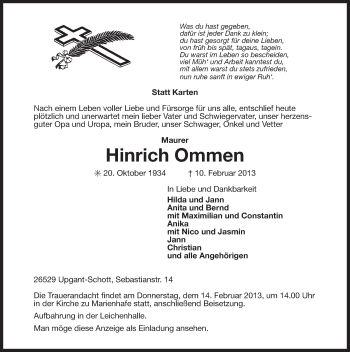 Traueranzeige von Hinrich Ommen von Ostfriesischer Kurier