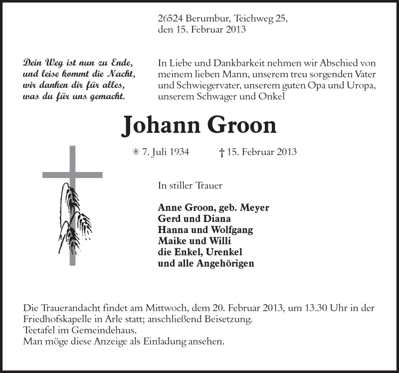  Traueranzeige für Johann Groon vom 18.02.2013 aus Ostfriesischer Kurier