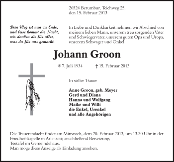Traueranzeige von Johann Groon von Ostfriesischer Kurier