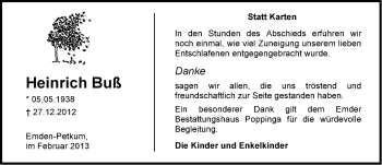 Traueranzeige von Heinrich Buß von Ostfriesischer Kurier