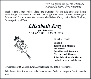 Traueranzeige von Elisabeth Krey von Ostfriesischer Kurier