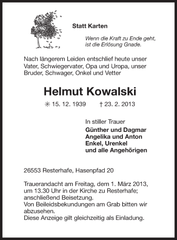 Traueranzeige von Helmut Kowalski von Ostfriesischer Kurier