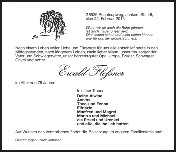 Traueranzeige von Ewald Fleßner von Ostfriesischer Kurier