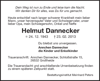 Traueranzeige von Helmut Dannecker von Ostfriesischer Kurier