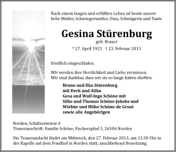 Traueranzeige von Gesine Stürenburg von Ostfriesischer Kurier