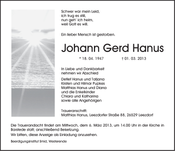 Traueranzeige von Johann Gerd Hanus von Ostfriesischer Kurier