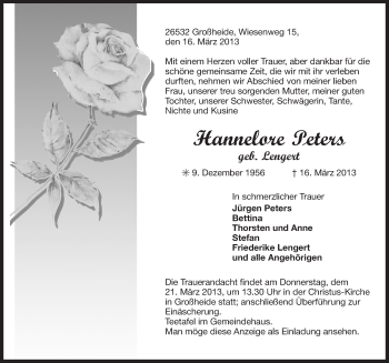 Traueranzeige von Hannelore Peters von Ostfriesischer Kurier