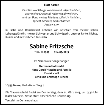 Traueranzeige von Sabine Fritzsche von Ostfriesischer Kurier