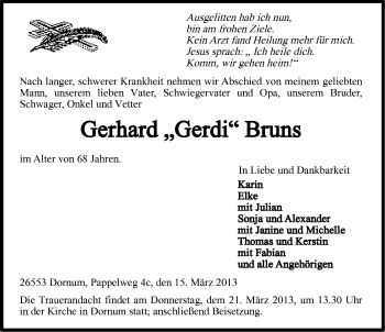 Traueranzeige von Gerhard Bruns von Ostfriesischer Kurier
