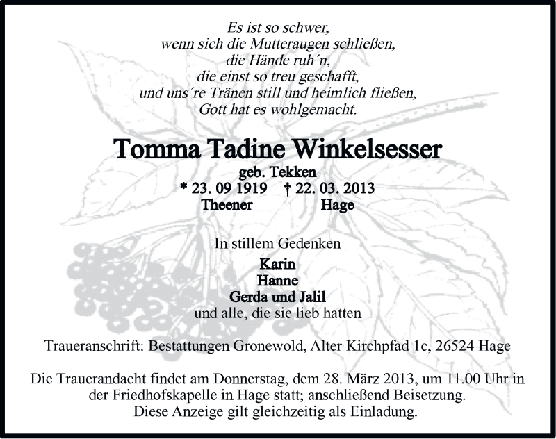  Traueranzeige für Tomma Tadine Winkelsesser vom 25.03.2013 aus Ostfriesischer Kurier