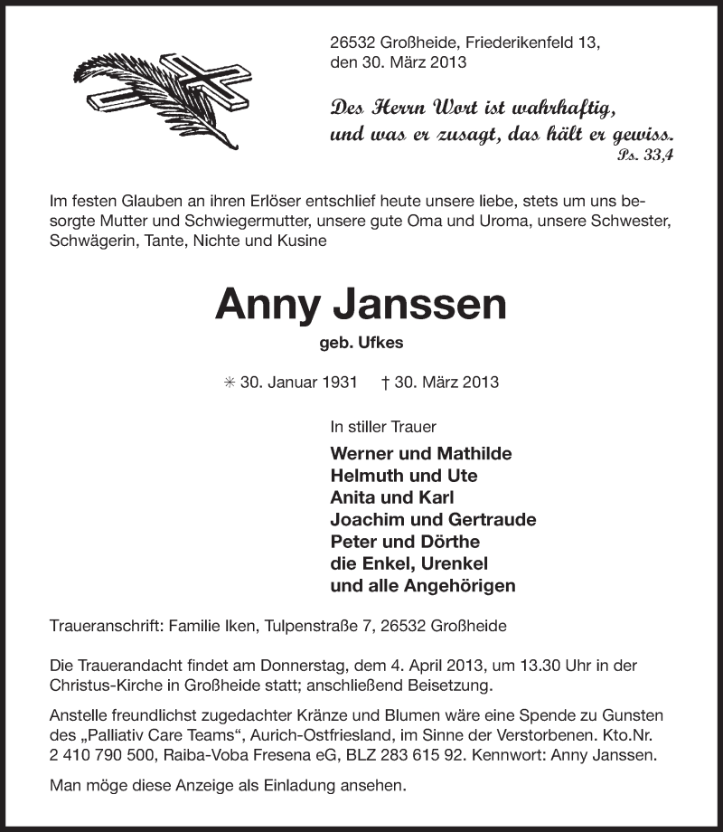  Traueranzeige für Anny Janssen vom 02.04.2013 aus Ostfriesischer Kurier
