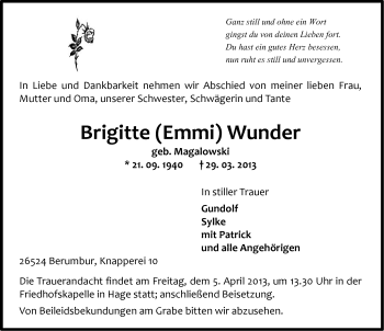 Traueranzeige von Brigitte Wunder von Ostfriesischer Kurier