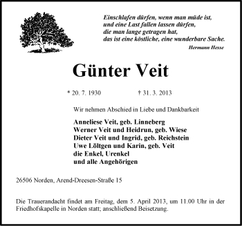 Traueranzeige von Günter Veit von Ostfriesischer Kurier