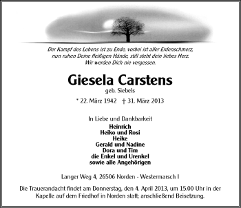 Traueranzeige von Giesela Carstens von Ostfriesischer Kurier