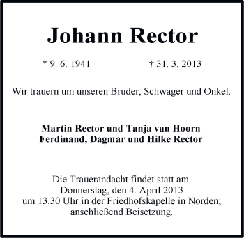 Traueranzeige von Johann Rector von Ostfriesischer Kurier